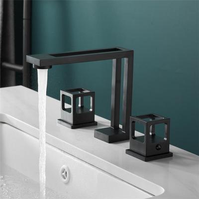 Tuqiu Basin Faucet Black Brass Widespread Bathroom Sink Faucet 3 Hole Widespread Basin Mixer Double Handle Hot Cold Water Tap