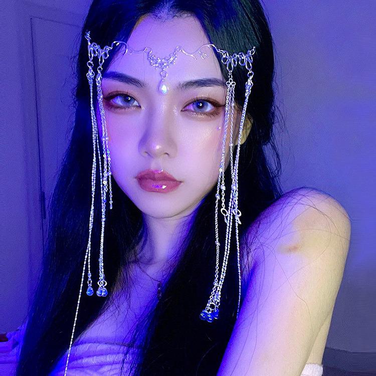 Zhao Lusi inspirovaná Hanfu střapcová pokrývka hlavy s čelními a závojovými doplňky