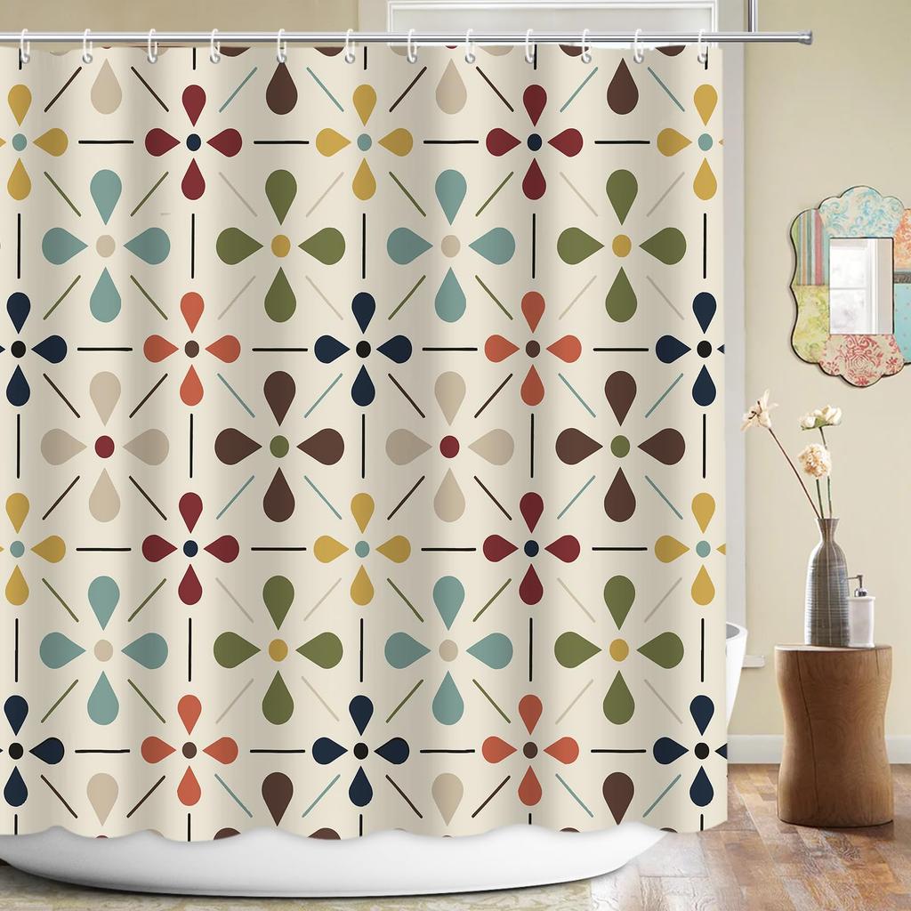 Mid Century Modern Shower Curtain, Geometric Abstract Bathroom Decor Set With Hooks, Waterproof Washable Retro Fabric Decor