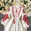 Bohemian Ethnic Style Embroidered Flowers, Round Neck, Lantern Sleeves, Pleated Loose, Slimming, Versatile Long Dress for Women