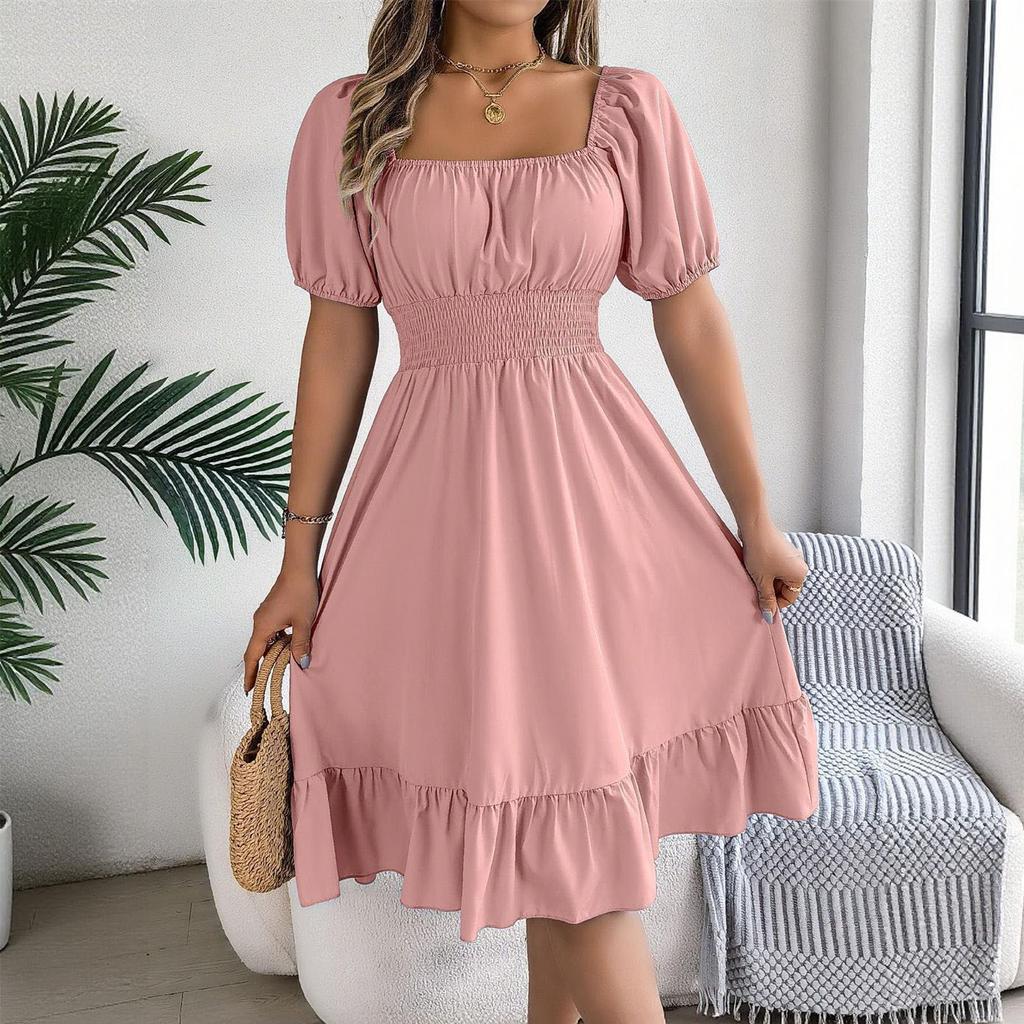 Women's Fashionable Retro Color Square Collar Fungus Hem Waist A-line Long Skirt Short-sleeved Dress