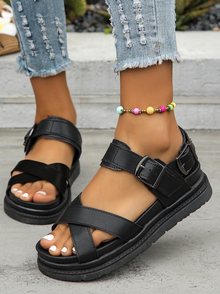 PU Leather Platform Sandals for Women 2025 Summer Comfy Non Slip Beach Shoes Woman Thick Sole Buckle Strap Black Sandalias Mujer