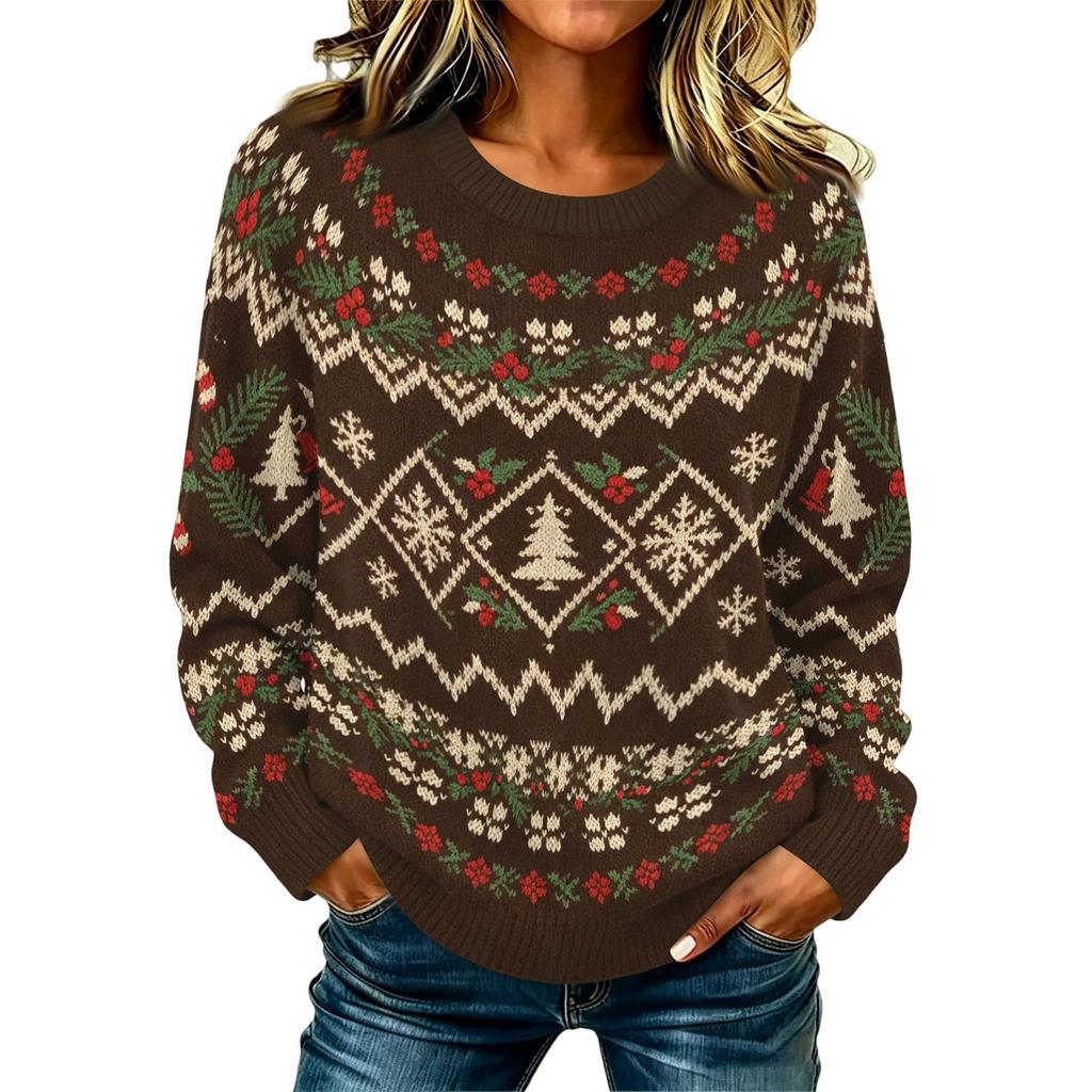 Maglione Pullover da Donna Casual Elegante a Manica Lunga con Collo Alto e Stampa Natalizia