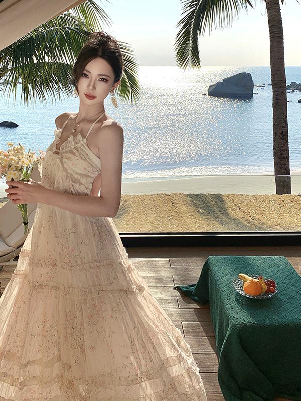 Floral French Halter Backless Summer Maxi Dress for Women