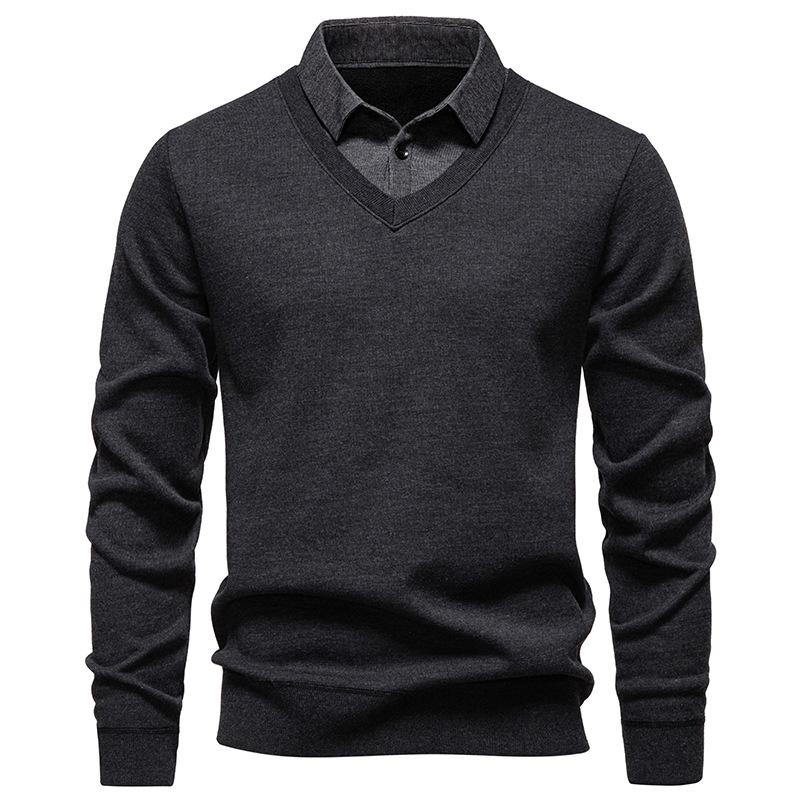 Men's Fashion Plus Velvet Knit Pullover: Thickened Fake Two-Piece Sweater with Shirt Collar for Autumn & Winter
