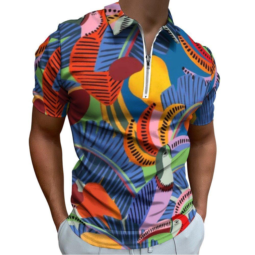 Citrus Print Short Sleeve Zip Polo Shirt, Stylish Summer Casual Top