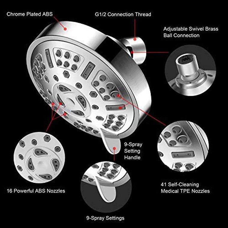 Chrome Rainfall Shower Head 9-in-1 Functions High Pressure Water Saving Easy Installation Modern Design 3-Year Warranty Bathroom