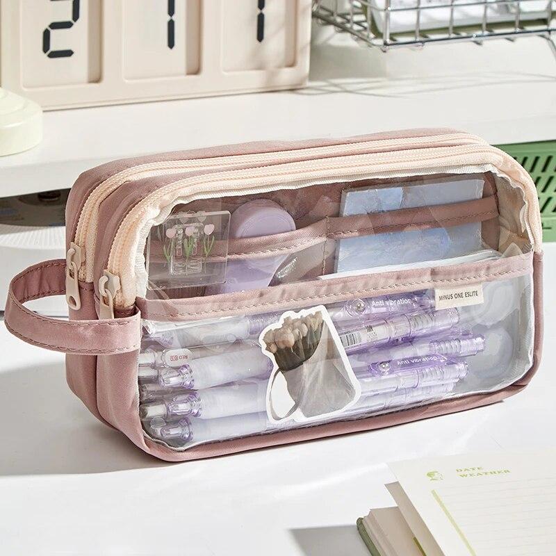 

Прозрачная эстетичная сумка-карандаш большой емкости, школьные чехлы, многослойная сумка для канцелярских принадлежностей с ручкой, пенал на молнии CHINA