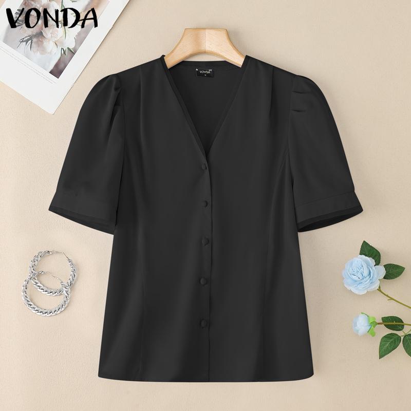 VONDA Elegant Women Short Sleeve Buttons Up Casual Office Blouse Work Wear