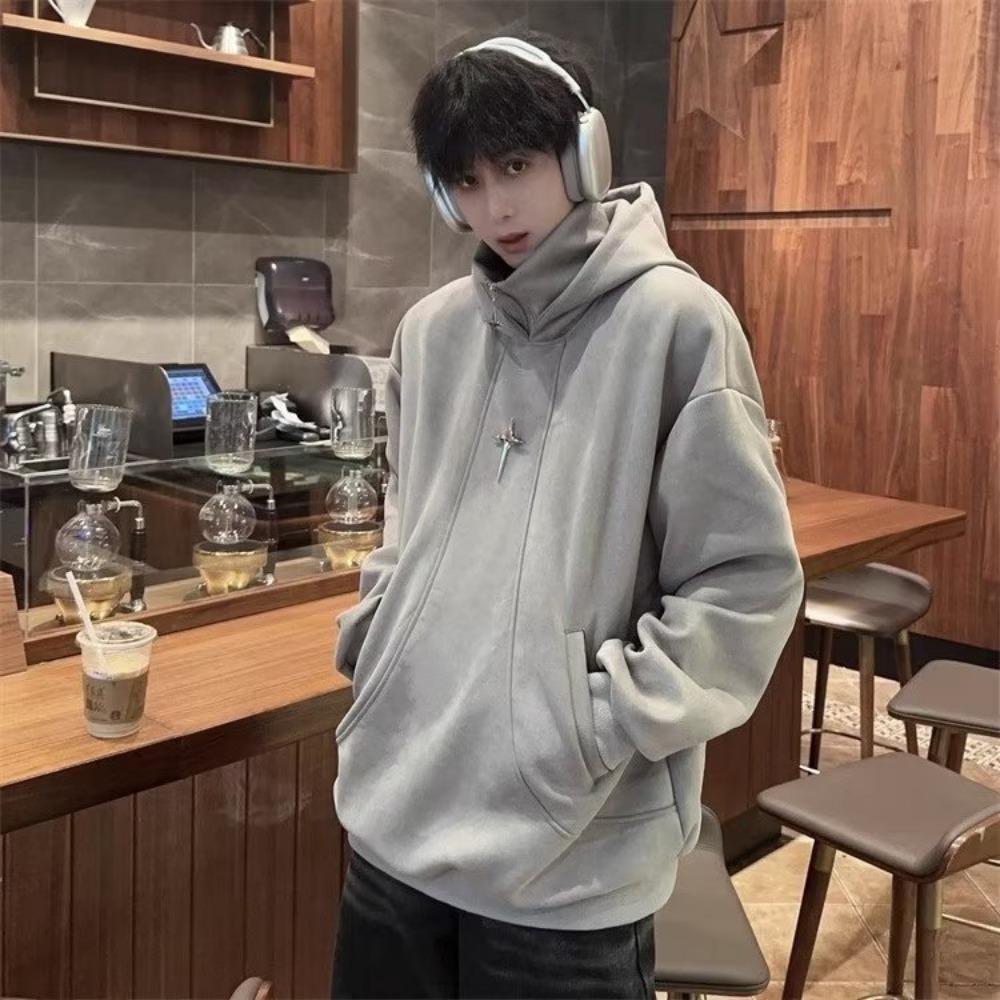 Suede American Turtleneck Sweater Men's Autumn and Winter Models, Trendy Brand Loose Casual Velvet Semi-zipper Hooded Jacket