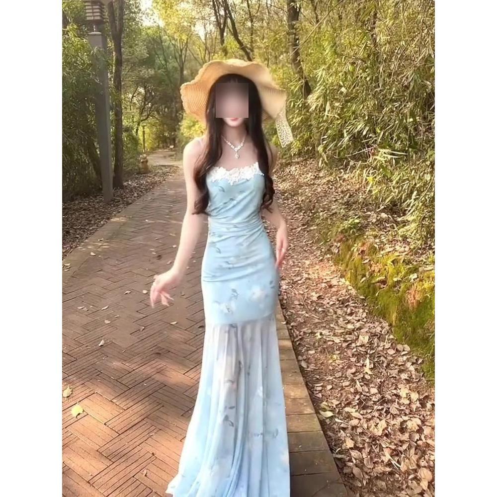 French Pure Desire Mesh Suspender Dress Female Spice Girl Lace Splicing High Waist Fishtail Medium and Long Skirt