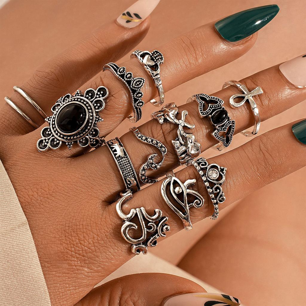 Stylish Carved Elephant Black Knuckle Ring Set