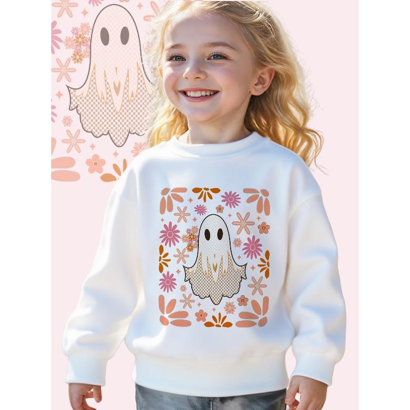 Kids Crewneck Sweatshirt, Soft Tone Floral Cute Ghost Graphic Print, Cozy Casual Long Sleeve Pullover