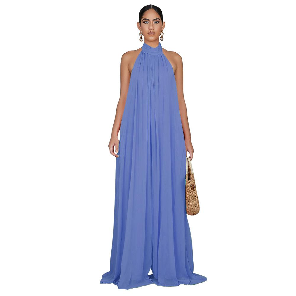 Tuta da donna con scollo all'americana, senza maniche, tinta unita, in chiffon, gamba larga, schiena scoperta, morbida, fluida, pantaloni lunghi, tutina