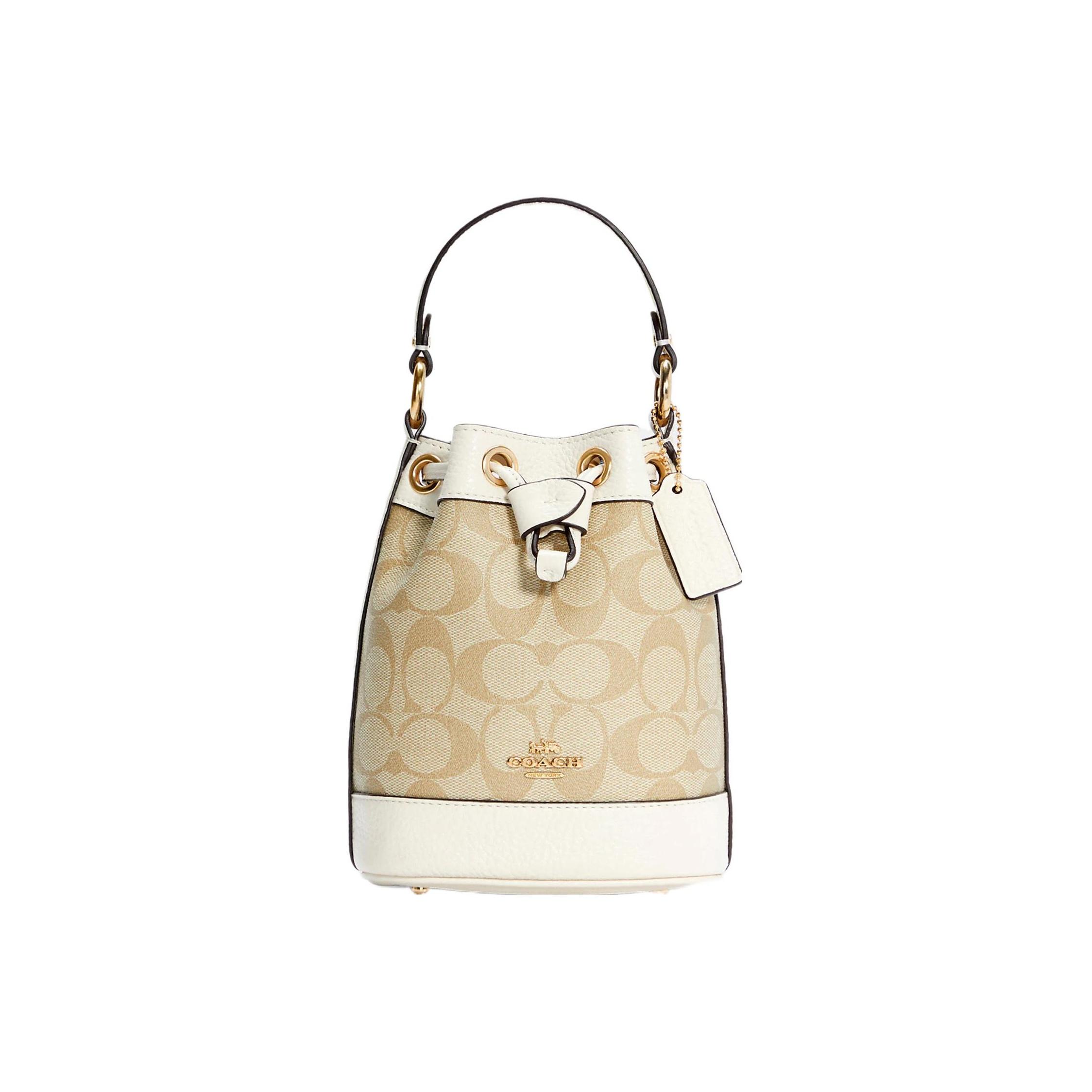 

Coach Khaki Signature Canvas Mini Drawstring Bucket Bag with Gold Hardware for Daily Use Basic Set (Bag+Dust Bag)