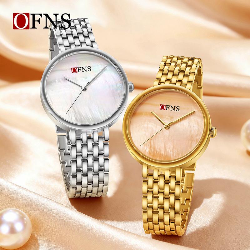 Ofns Simple Stylish Ladies' Quartz Watch Small Dial Three Hands Mother-of-pearl Face No Scale Elegant Steel Women's Wrist Watch