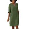 Retro High Waist V-Neck Cotton Linen Dress European American Style Solid Color Washed Wrinkled Fabric Three Quarter Sleeves