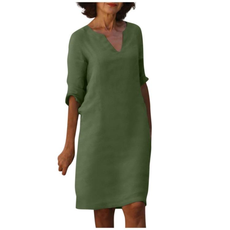 Retro High Waist V-Neck Cotton Linen Dress European American Style Solid Color Washed Wrinkled Fabric Three Quarter Sleeves