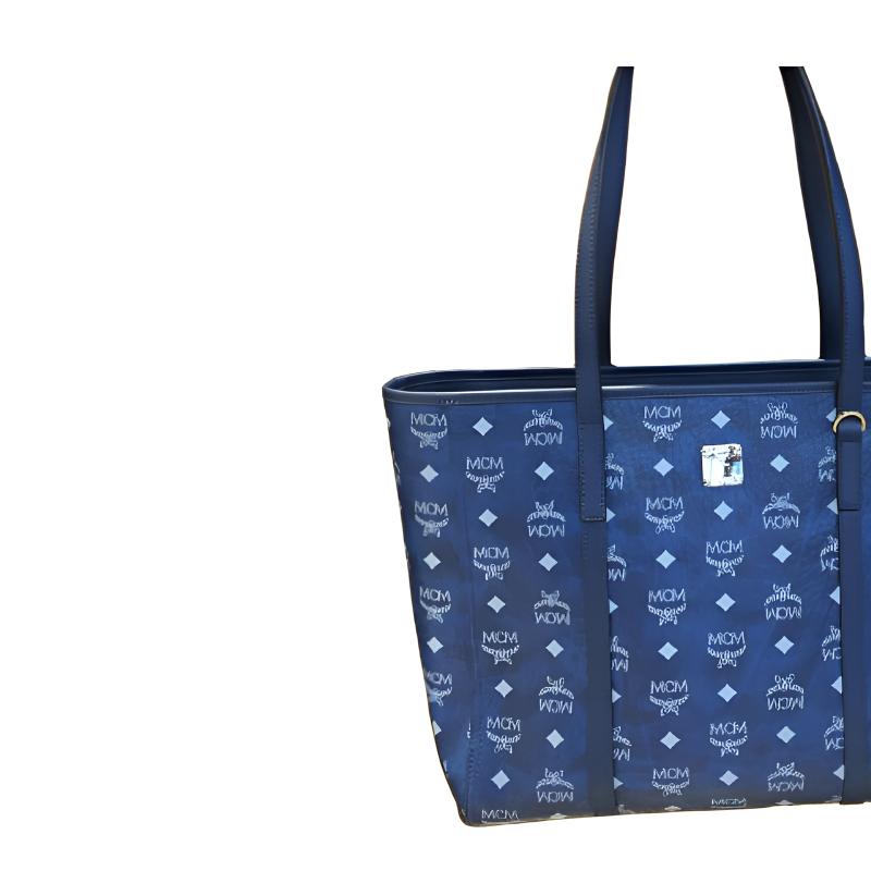 MCM Blue Visetos Leather Large Tote Bag with Gold Hardware for Daily Use
