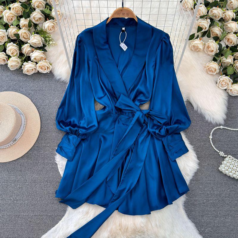 

2024 Spring/Summer New Arrival Hydrangea Blue Artificial Silk Wrap Style One Piece Strap Mini Dress Good Dark Blue S
