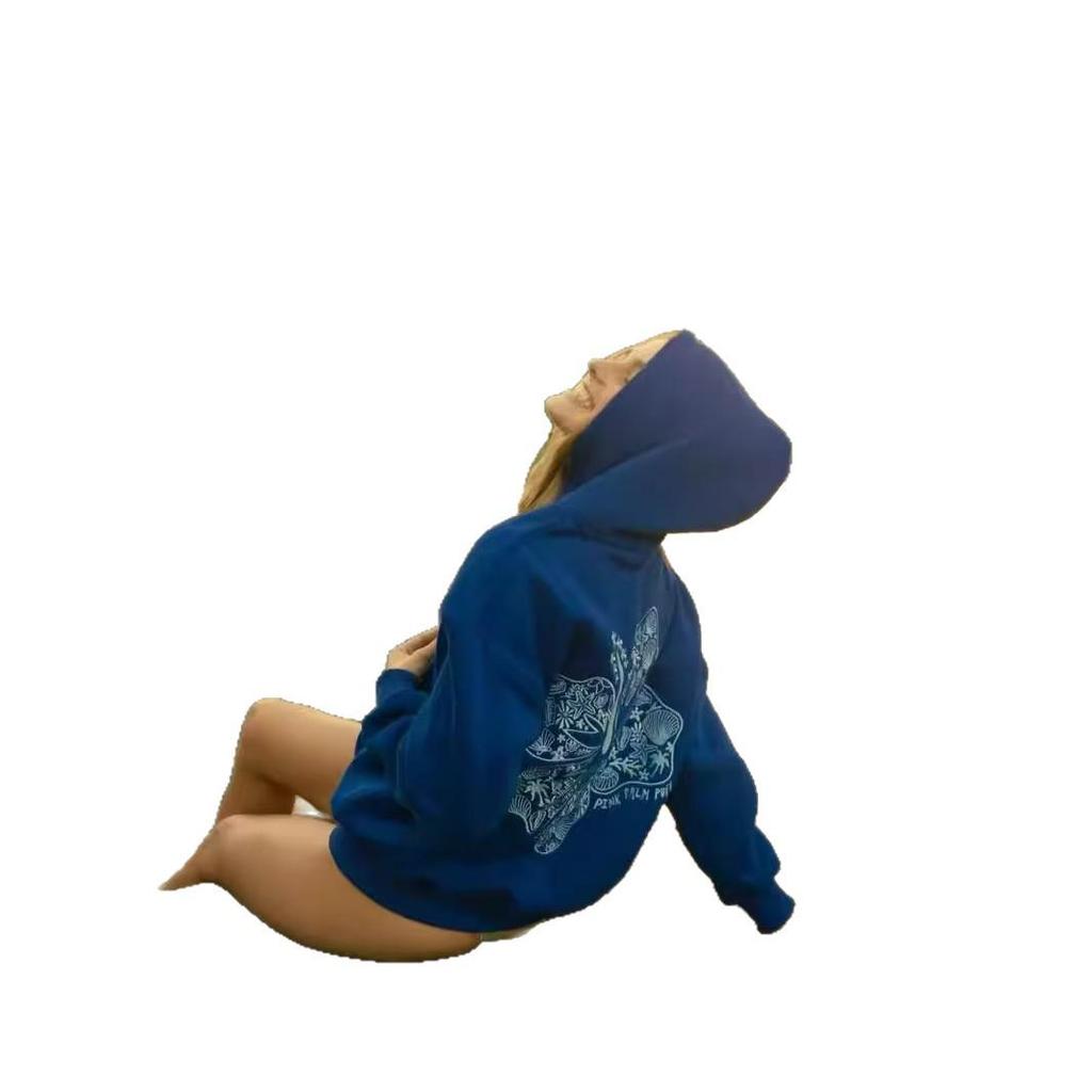 Sudadera con capucha de canalé bordada para mujer - Hombros caídos, corte holgado, manga larga, estilo femenino
