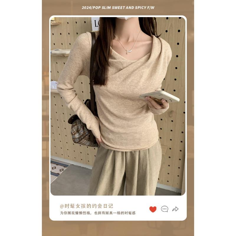 French Swing Collar Long Sleeve Bottoming Sweater Women's Autumn Side Pleated Waist Diagonal Shoulder Sweet Spicy Inner Top