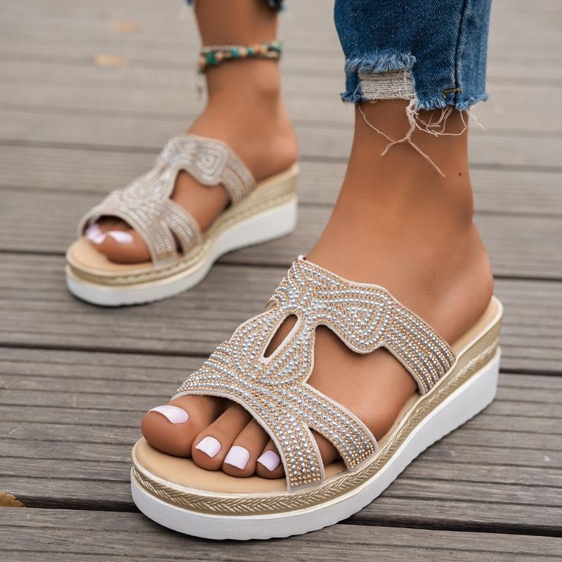 Women Platform Slippers Rhinestone Wedge Slippers 2025Summer New Casual Slippers for Women Outdoor Non Slip Beach Slides