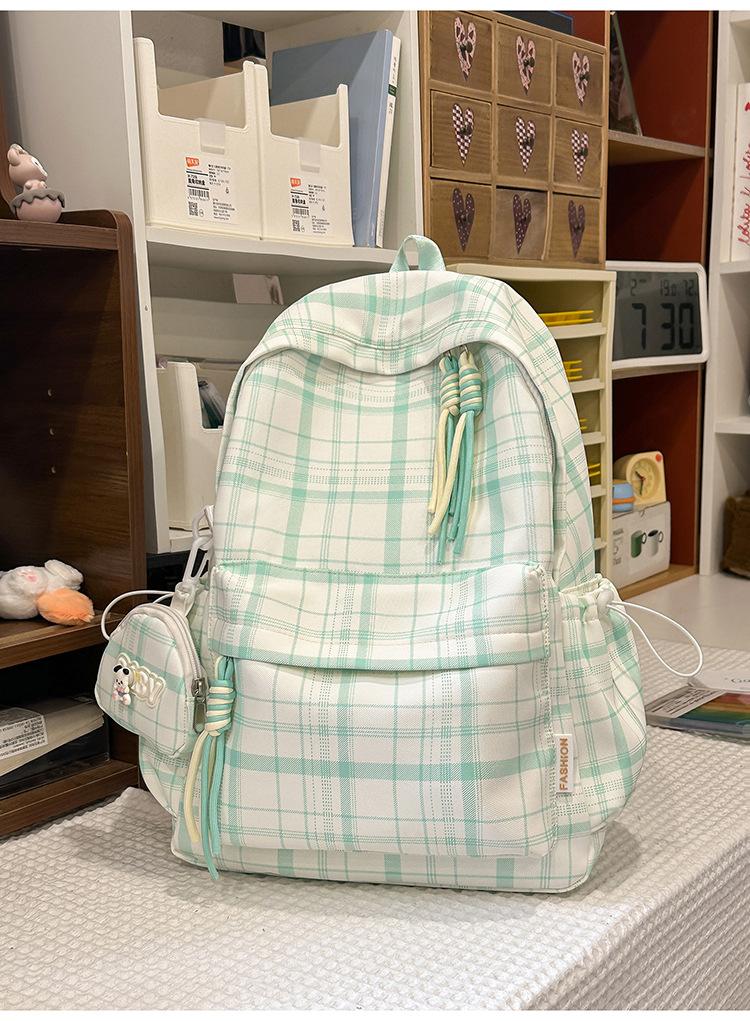 Schoolbag Soft Mist Milk Blues Healing Textured Plaid Middle School Backpack Women's Milk Huhu Sweet Soft Sister Travel Small Backpack