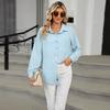 New Women's Casual Loose Long Sleeve Crew Neck Button Solid Color Shirt