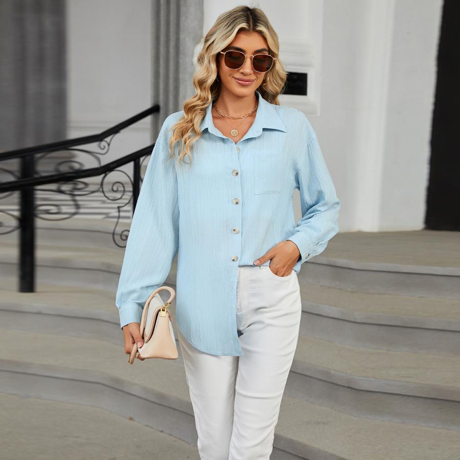 New Women's Casual Loose Long Sleeve Crew Neck Button Solid Color Shirt