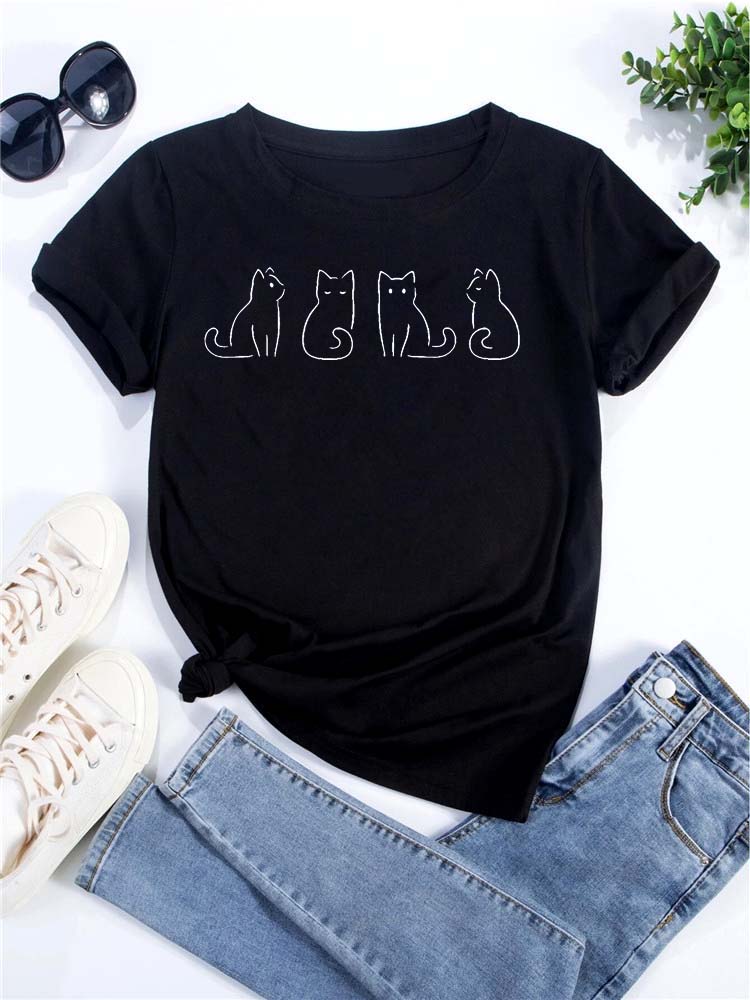 Ny Søt Kjærlighetshjerte Kattetrykk Dame T-skjorte Casual Kort Erm Topp Sommer Dameklær Tegneserie Streetwear Y2k Klær