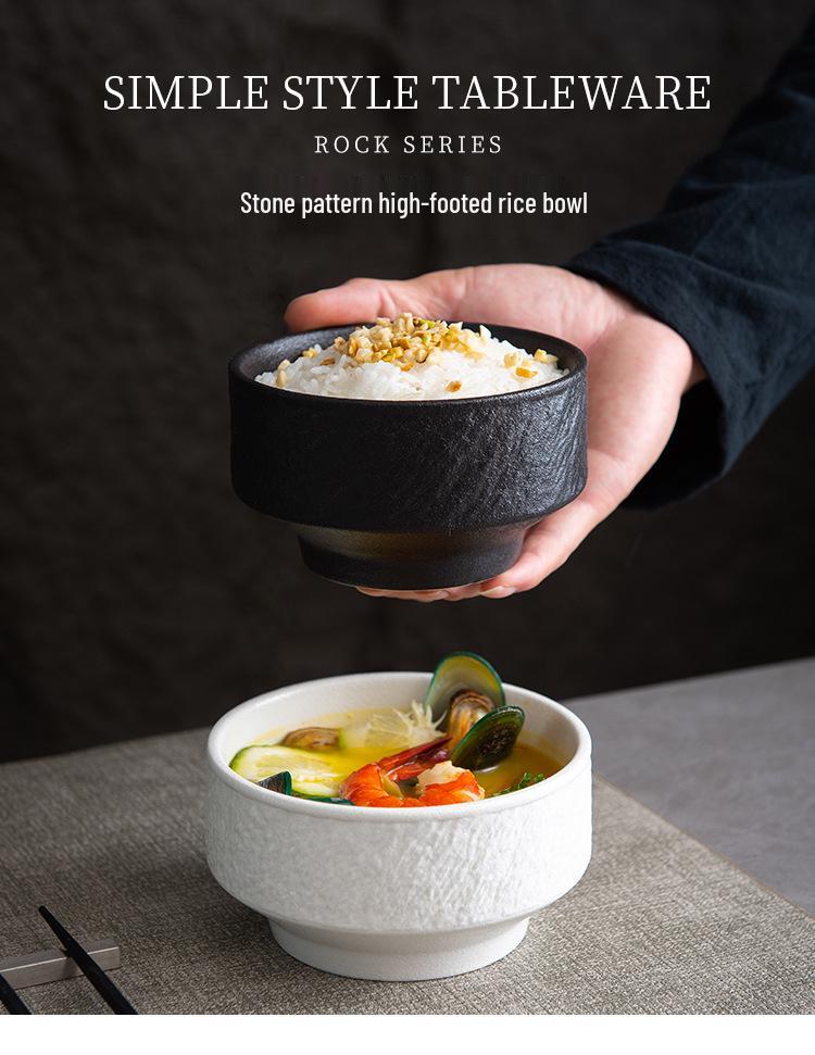Black and White Ceramic Rice Bowl - Rock Texture Household Tableware for Soup, Salad, Dessert