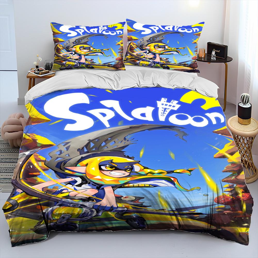S-Splatoon Game Gamer Cartoon Comforter Bedding Set,Duvet Cover Bed Set Quilt Cover Pillowcase,King Queen Size Bedding Set Kids
