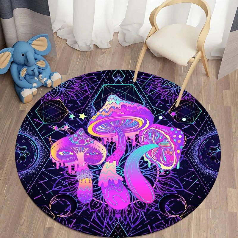 Psychedelic Mushroom Round Carpet Non-slip Boho Rug for Living Room Kids Room Home Decor Circle Floor Mat