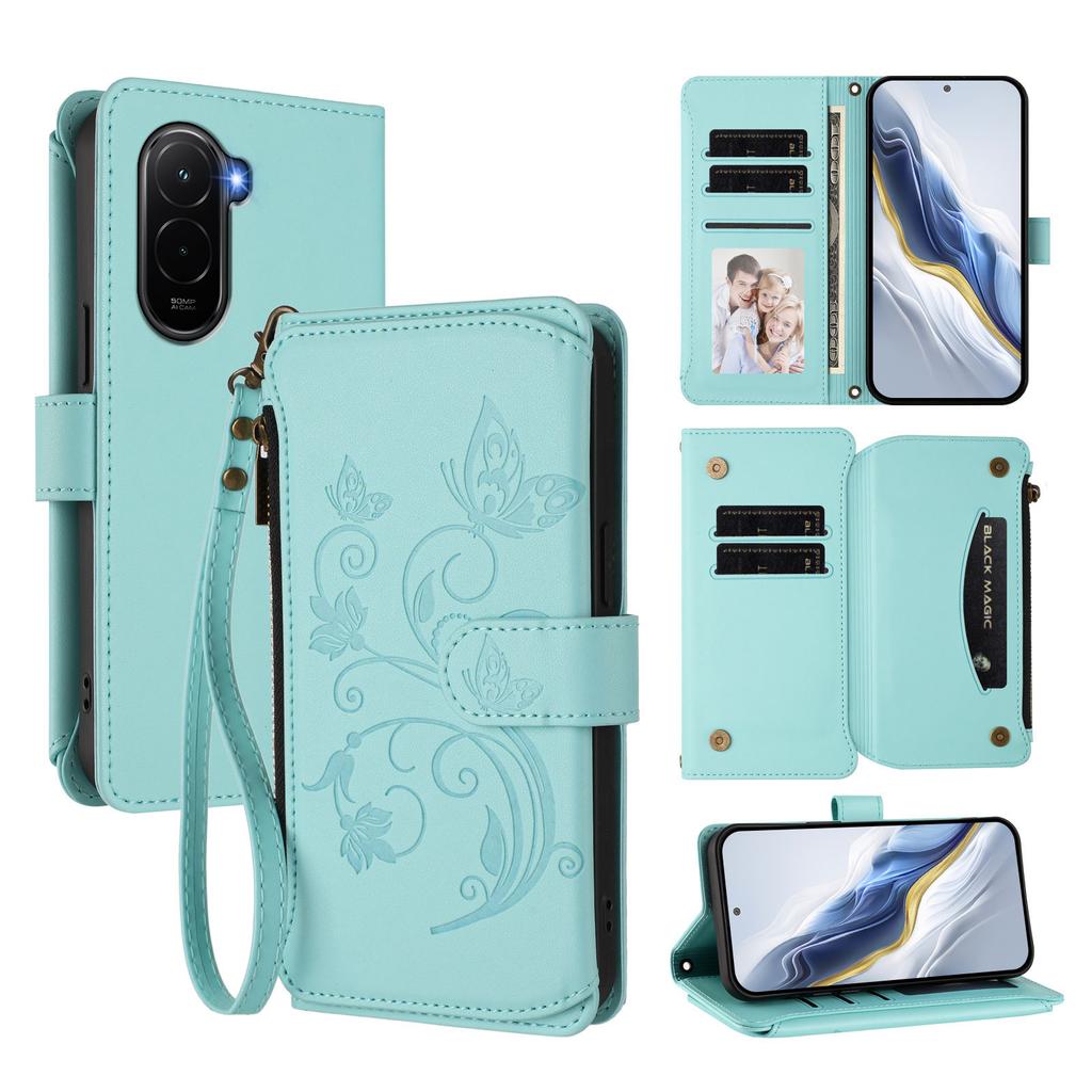 For Xiaomi Poco M7 Plus 5G/M7 4G (169mm) Leather Case Butterfly Floral Imprint Zipper Wallet Stand Cover with Wrist Strap
