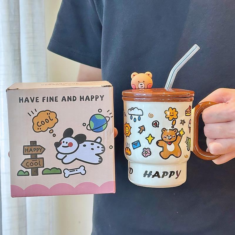 Cute Straw Cup for Drinking Water for Household Ceramic Mug with Lid Water Cup for Girls with High Appearance Office Coffee Cup
