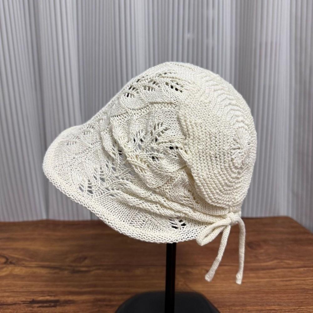 Retro Häkel-Eimerhut mit Lochmuster Sonnenschutz Einfarbige Schirmmütze Weicher verstellbarer gestrickter Fischerhut