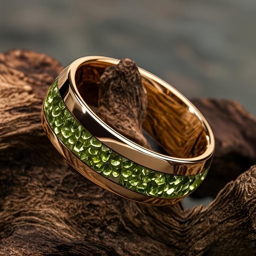Luxury Green Crystal Stone Rings, Fashion 8mm Men Stainless Steel Ring, High Polished Wedding Band Jewelry Gifts