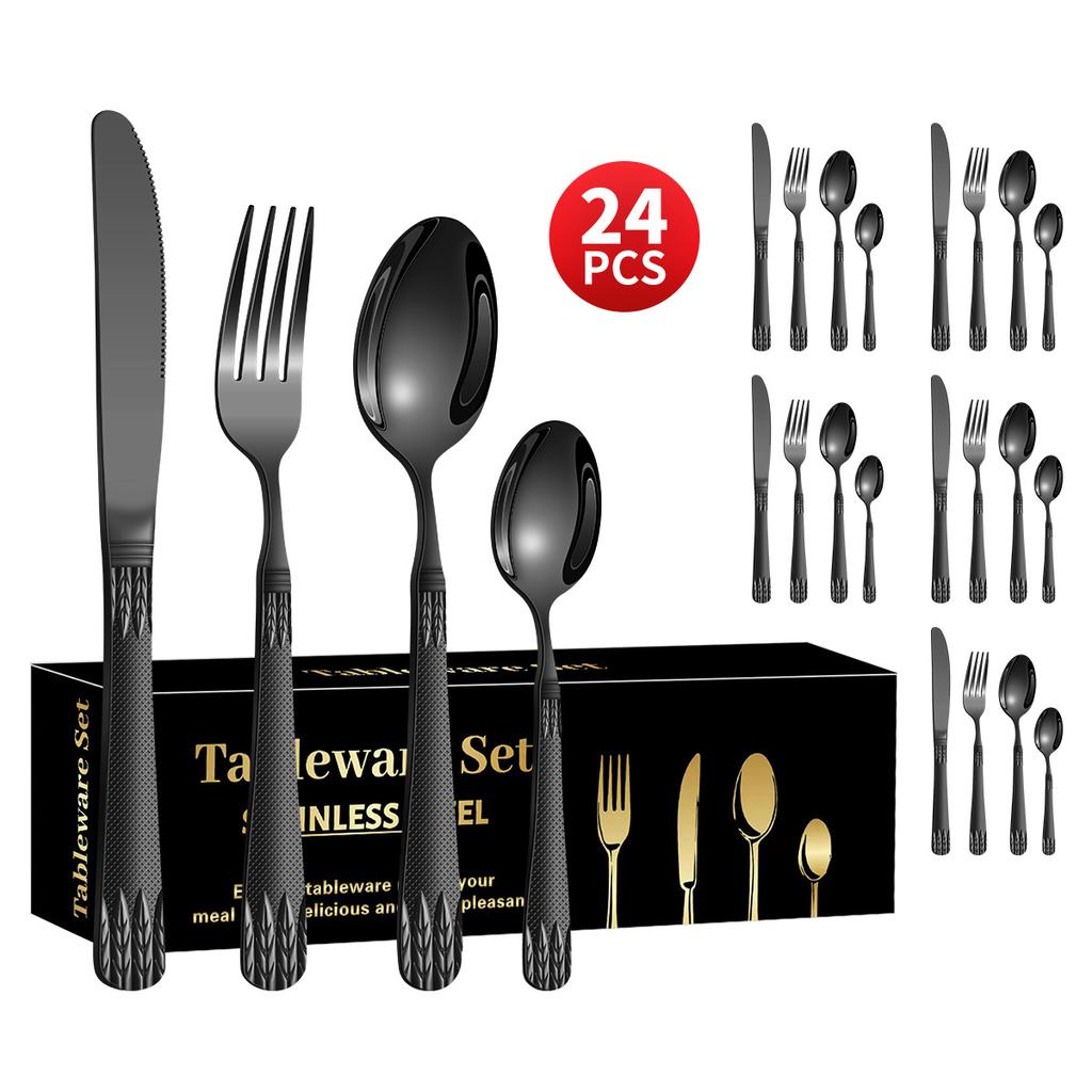 Stainless Steel Embossed Handle Western Food Hotel Tableware Knife, Fork and Spoon Dessert Spoon 24 Pieces Suit