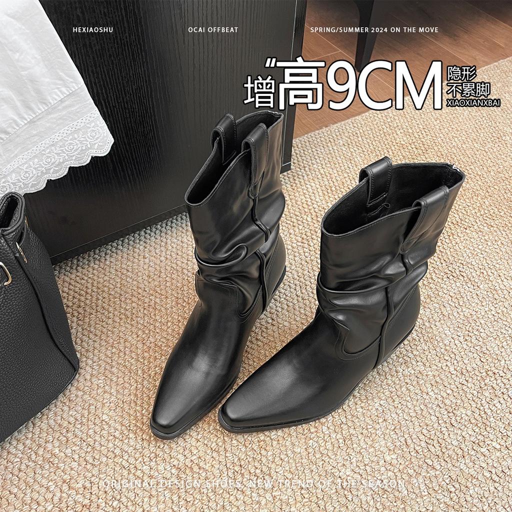 Cowhide~ Inner height increase 9cm pointed pile boots short boots women's high heel retro western cowboy knight boots Martin boots