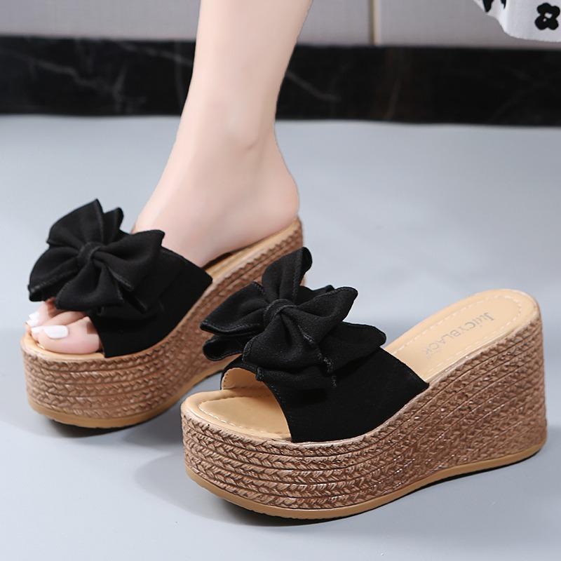 Fashion 2025 Women's High-heeled Slippers Slope Heel Bow Summer Slippers Comfortable and Elegant Thick-soled Women's Shoes Large Size