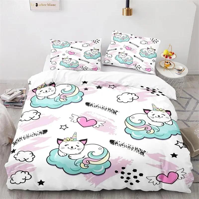Kids Unicorn Duvet Cover Twin Cartoon Magical Animal Bedding Set Microfiber Cute Rainbow Cat Comforter Cover For Girls Teen Gift