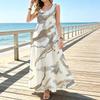 Flowy Sundress,Womens Summer Maxi Dress,Neutral Tone Marble Swirl Print,Sleeveless Outdoor Holiday Clothing