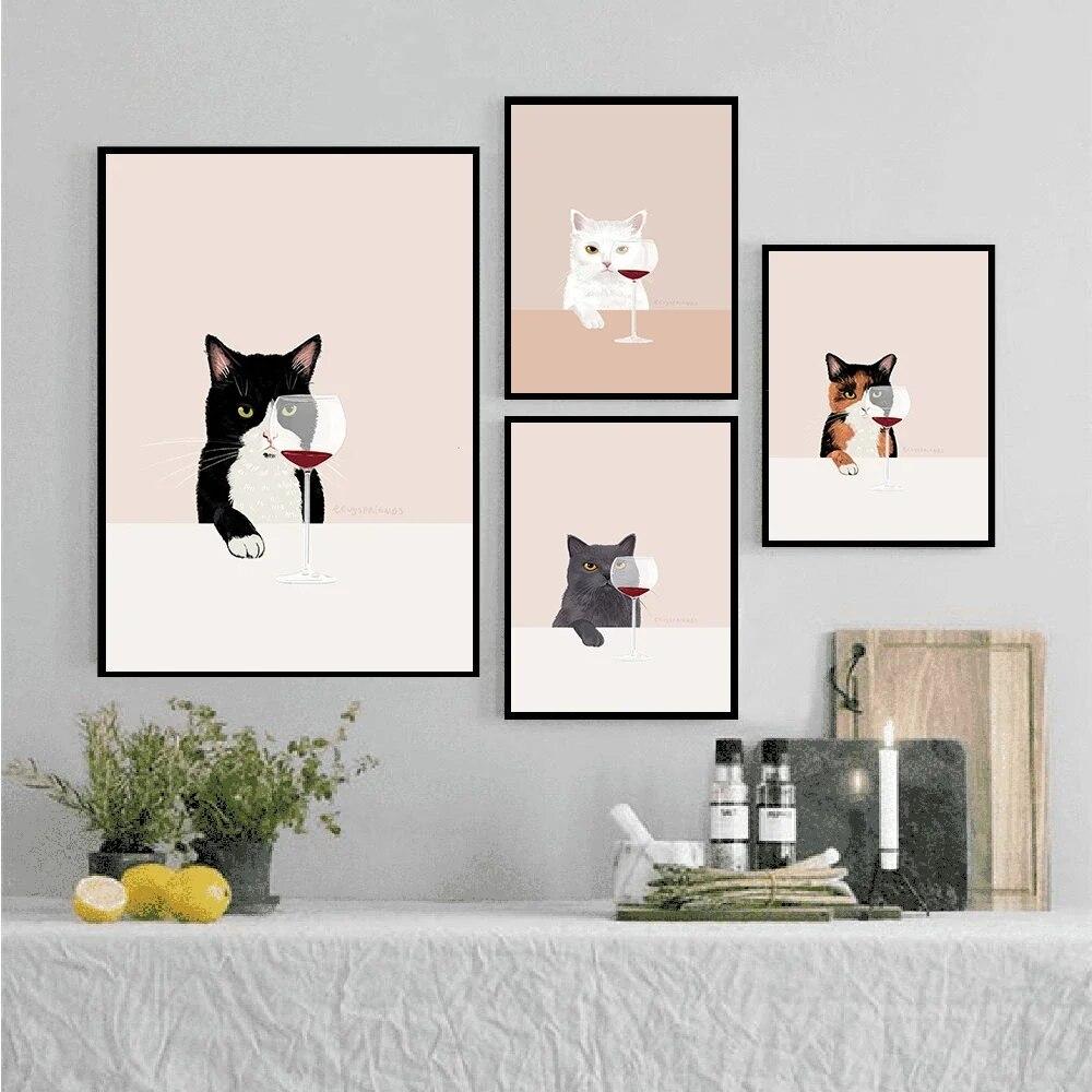 Funny Cat Poster White Cats Taste Red Wine Canvas Painting Cat Lover Gifts Kitchen Wall Art Pictures for Living Room Home Decor