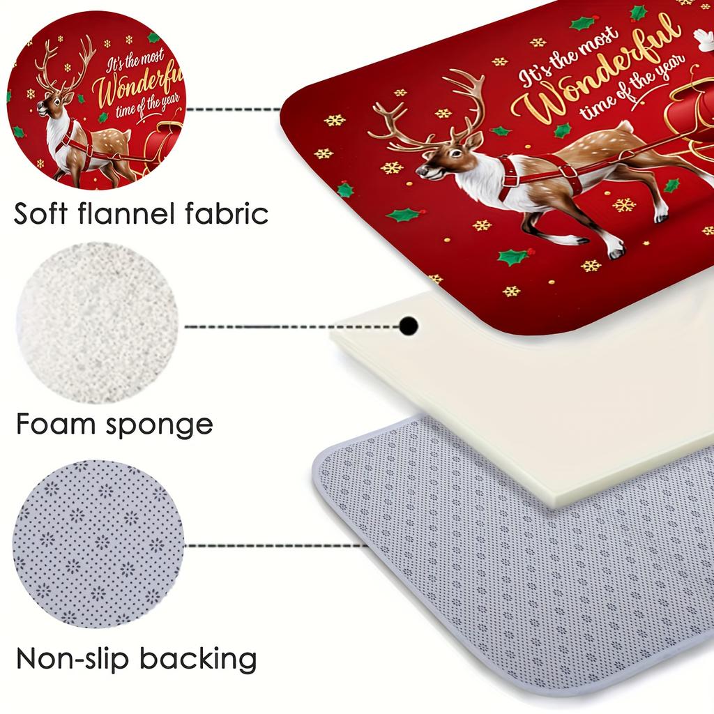 1Pcs Christmas Kitchen Rug, Santa Claus Reindeer Print Floor Mat, Non Slip Washable Carpet, Holiday Decorative Rug for Kitchen Entryway Home Decor
