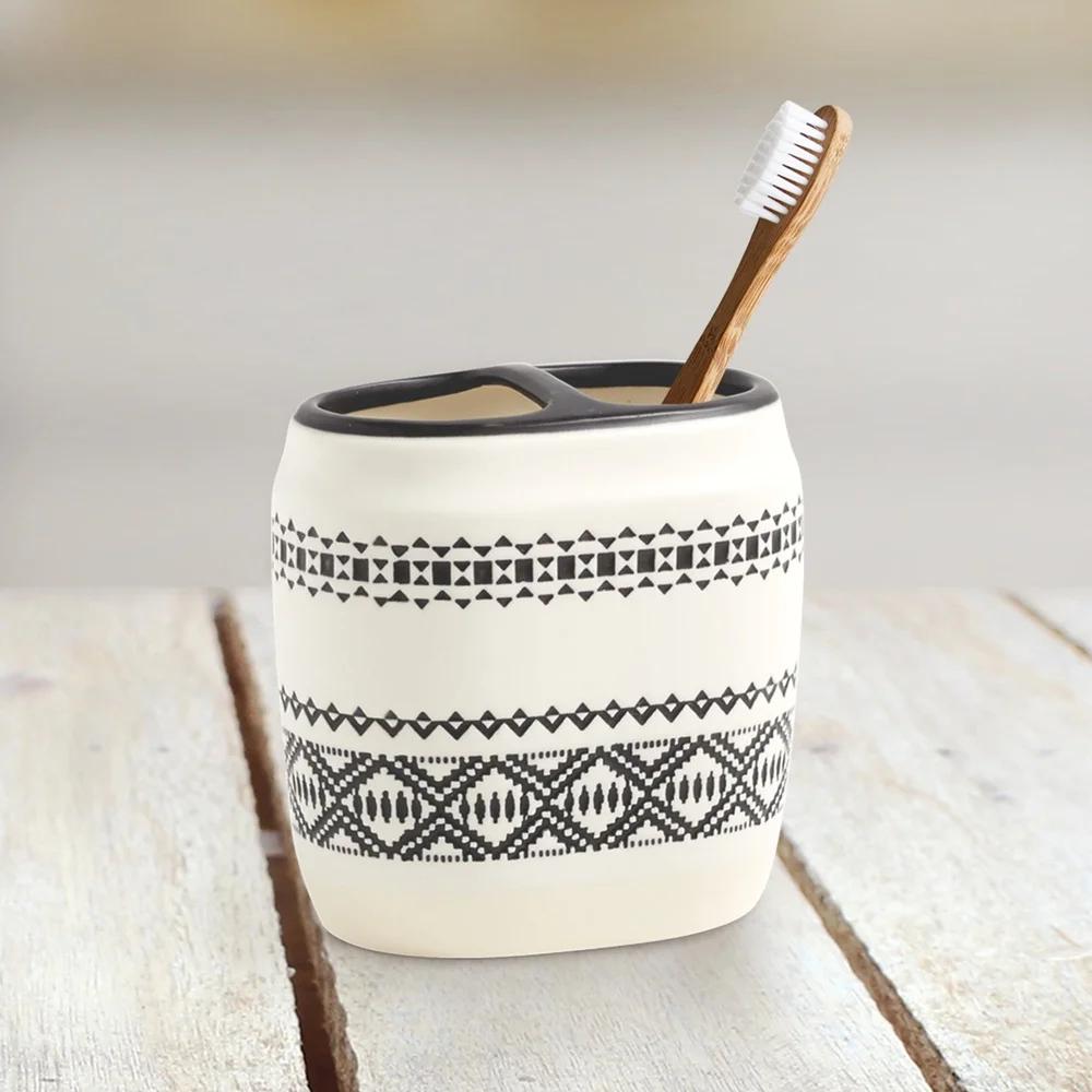 Ceramic Toothbrush Holder Adults Boho Chic Design Dual Opening Black Bathroom Organizer Durable Washable Countertop Accessory