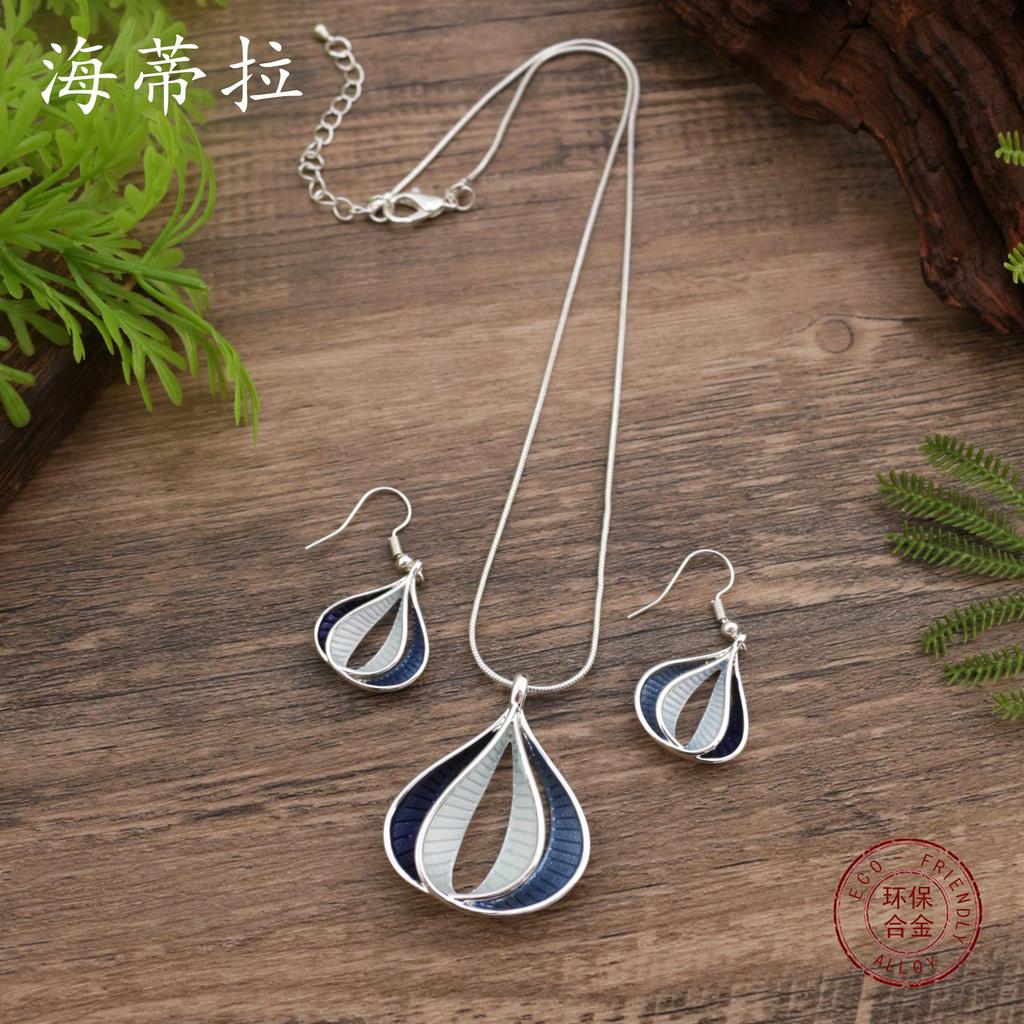 New Enamel Color Hollow Water Drop Flower Earrings Pendant Set, Women's Simple Versatile Necklace