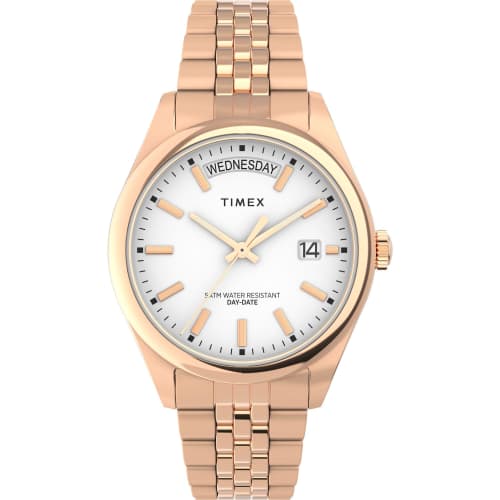 

TIMEX Legacy Day Date watch, white dial, stainless steel, mineral glass, quartz movement, women s gold watch, TW2W32200