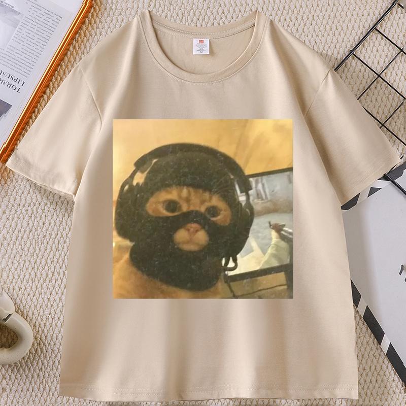 Vintage Funny Gamer Cat T Shirt Tactical Kitty Joke Tee Cool Cat Short Sleeve Round Neck Tshirt Streetwear Loose Clothes Tops
