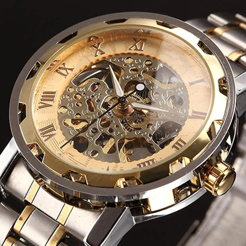 Men Skeleton Roman Numerals Hollow Dial Stainless Steel Band Mechanical Watch Fashion Men's Business Watch